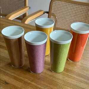 Set of 5 colorful vintage 1950s-1960s Thermo-Temp Raffiaware insulated tumblers